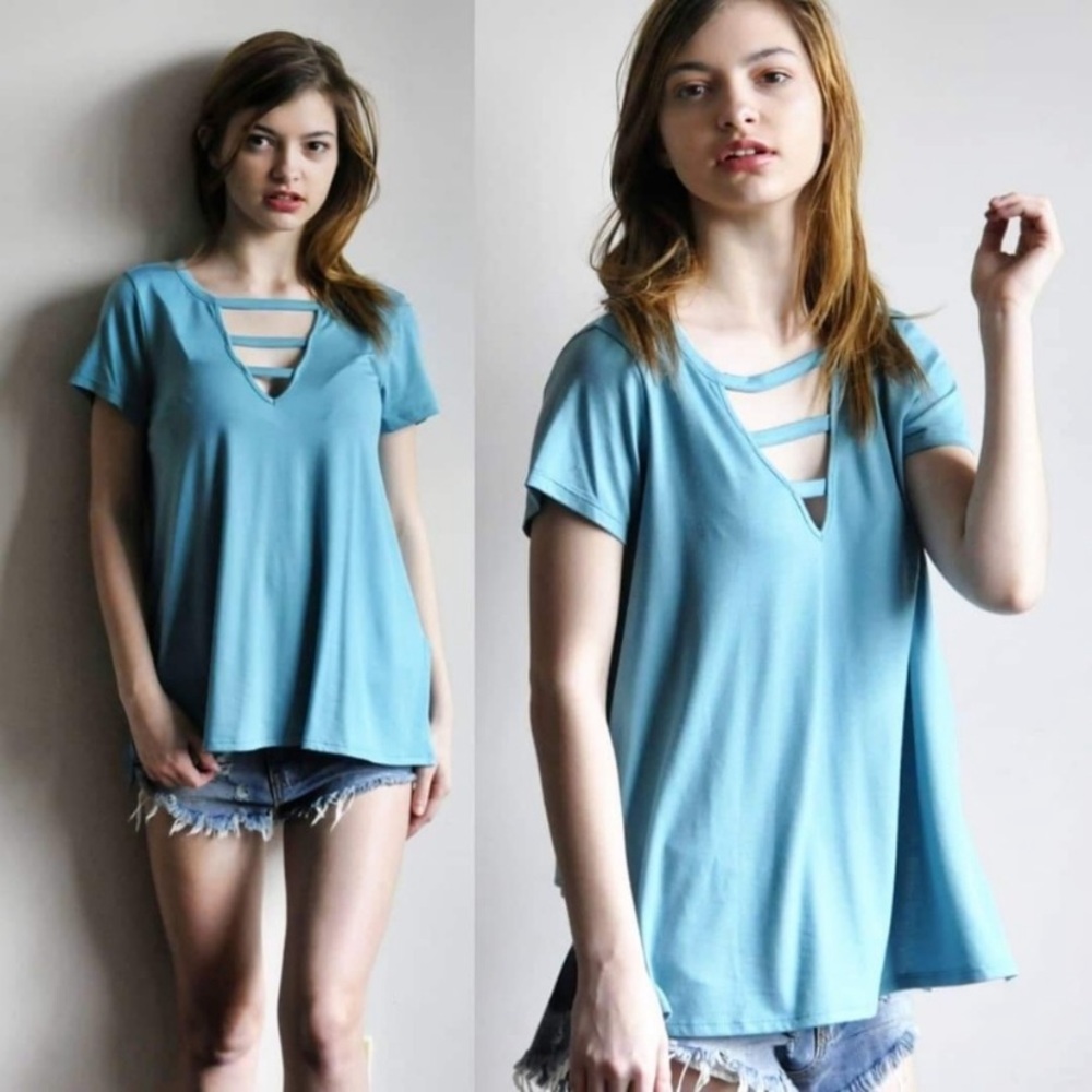 Light Blue cut out strappy V neck short sleeved tshirt Small S Medium M Large L